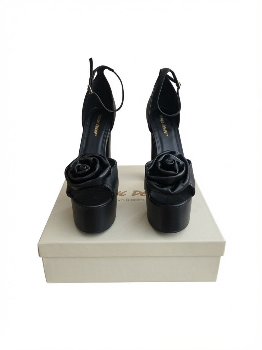 Black Platform Rose-Accent Ankle Strap Heels - Women